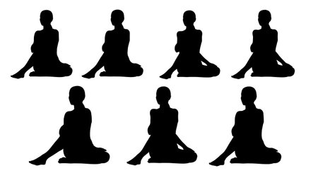 Black Solid Seated Twist Silhouettes Set of Six on White Background isolated on plain white background.のイラスト素材