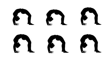 Black Solid Wheel Pose Silhouettes Set of Six on White Background isolated on plain white...