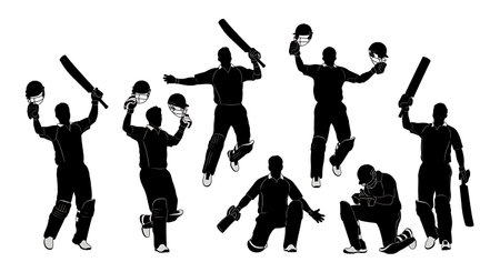 Cricket Batsman Century Celebration Silhouettes isolated on plain white background.のイラスト素材