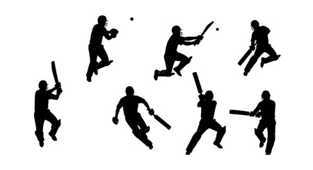 Cricket Batsman Jumping Yorker Silhouettes isolated on plain white background.