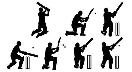 Cricket Batsman Pull and Hook Shot Silhouettes isolated on plain white background.