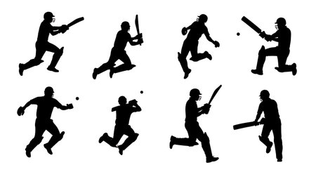 Cricket Batsman Jumping Yorker Silhouettes isolated on plain white background.