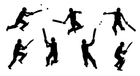 Cricket Batsman Jumping Yorker Silhouettes isolated on plain white background.