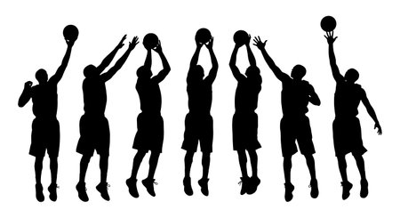 Black Solid Basketball Shot Block Silhouettes Set of Six on White Background isolated on plain white background.のイラスト素材