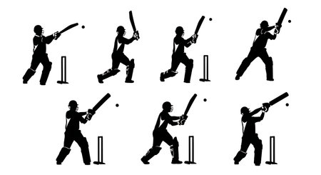 Cricket Batsman Scoop and Ramp Shot Silhouettes isolated on plain white background.