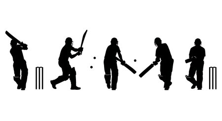 Cricket Batsman Defensive and Driving Pose Silhouettes Set isolated on plain white background.