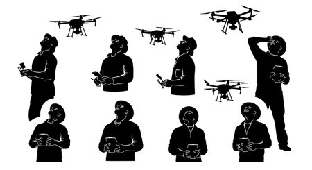 Black Solid Farmer With Drone Silhouettes Set of Six on White Background isolated on plain white...