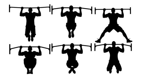 Black Solid Pull Up Silhouettes Set of Six on White Background isolated on plain white background.