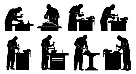 Black Solid Mechanic Workbench Silhouettes Set of Six on White Background isolated on plain white background.のイラスト素材