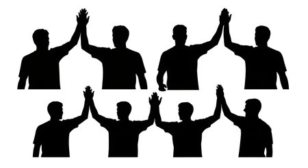 Black Solid Basketball Celebration High Five Silhouettes Set of Six on White Background isolated on plain white background.のイラスト素材