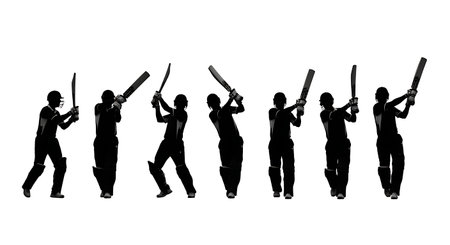 Cricket Batsman Backfoot Punch Silhouettes isolated on plain white background.