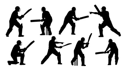 Cricket Batsman Aggressive Gesture Silhouettes isolated on plain white background.