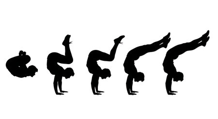 Black Solid Handstand Press Silhouettes Set of Six on White Background isolated on plain white background.のイラスト素材