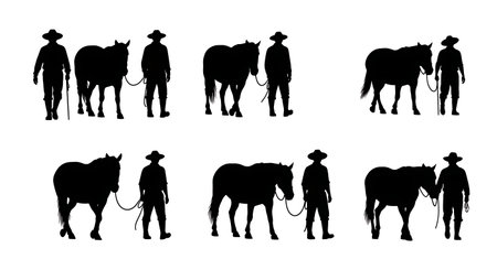 Black Solid Farmer Leading Horse Silhouettes Set of Six on White Background isolated on plain white background.のイラスト素材