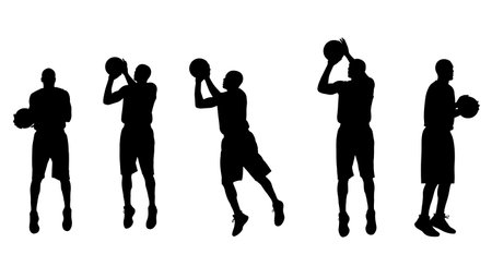 Black Solid Basketball Drop Step Silhouettes Set of Six on White Background isolated on plain white background.のイラスト素材