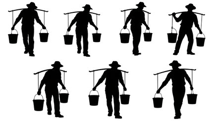 Black Solid Farmer Carrying Buckets Silhouettes Set of Six on White Background isolated on plain white background.のイラスト素材