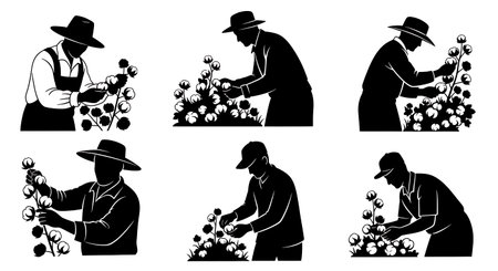 Black Solid Farmer Cotton Silhouettes Set of Six on White Background isolated on plain white background.のイラスト素材