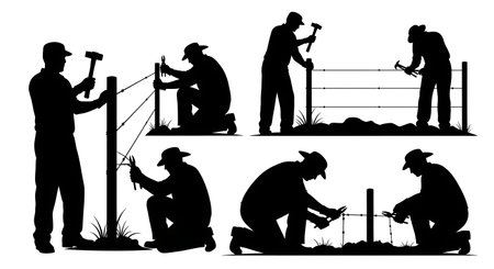 Black Solid Farmer Fixing Fence Silhouettes Set of Six on White Background isolated on plain white background.のイラスト素材