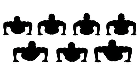 Black Solid Bodybuilder Floor Press Silhouettes Set of Six on White Background isolated on plain...