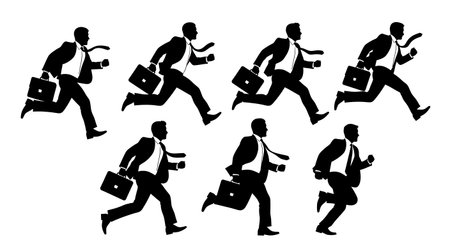 Black Solid Running Businessman Silhouettes Set of Six on White Background isolated on plain white background.のイラスト素材