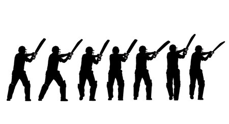 Cricket Batsman Aggressive Gesture Silhouettes isolated on plain white background.