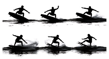 Black Solid Surfer Layback Silhouettes Set of Six on White Background isolated on plain white...