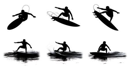 Black Solid Surfer Layback Silhouettes Set of Six on White Background isolated on plain white...