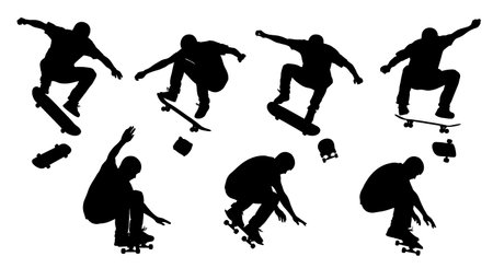 Black Solid Skateboarder Mid-Air Bail Silhouettes Set of Six on White Background isolated on plain...