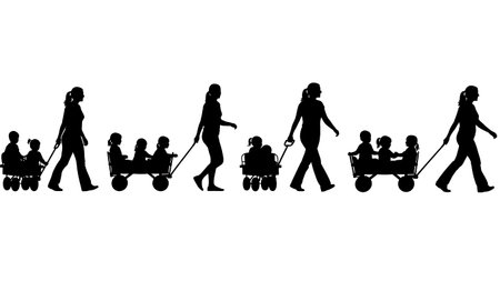 Black Solid Mother Pulling Wagon Silhouettes Set of Six isolated on plain white background.