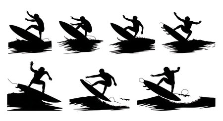 Black Solid Surfer Off-the-Lip Silhouettes Set of Six on White Background isolated on plain white background.のイラスト素材
