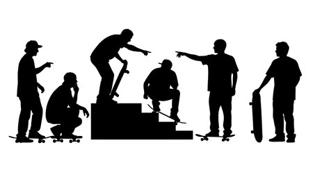 Black Solid Skateboarder Planning Line Silhouettes Set of Six on White Background isolated on plain white background.のイラスト素材