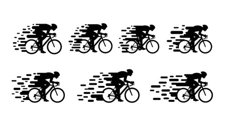 Black Solid Speed Motion Cyclist Silhouettes Set of Six on White Background isolated on plain white background.のイラスト素材