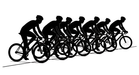 Black Solid Cyclist Track Stand Silhouettes Set of Six on White Background isolated on plain white background.のイラスト素材