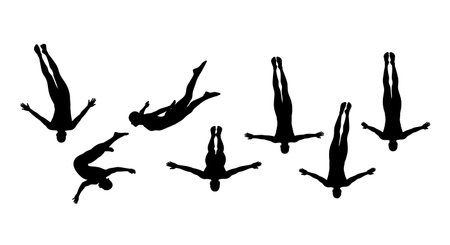 Black Solid Underwater Dolphin Kick Silhouettes Set of Six on White Background isolated on plain white background.のイラスト素材