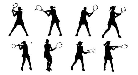 Black Solid Women Backhand Volley Silhouettes Set of Six on White Background isolated on plain white background.のイラスト素材