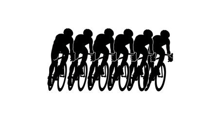 Black Solid Peloton Group Cycling Silhouettes Set of Six on White Background isolated on plain white background.のイラスト素材