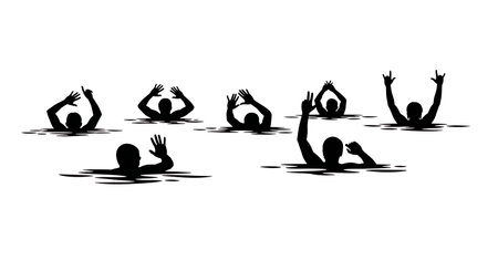 Black Solid Swimmer Treading Water Silhouettes Set of Six on White Background isolated on plain white background.のイラスト素材