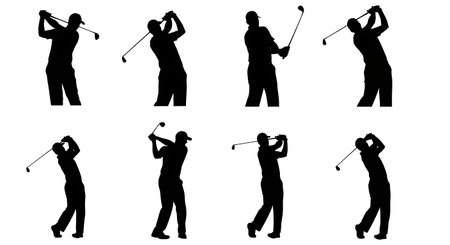 Black Solid Tennis Shadow Swing Silhouettes Set of Six on White Background isolated on plain white background.のイラスト素材