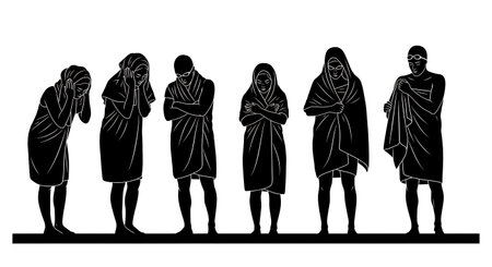 Black Solid Swimmer Towel Dry Silhouettes Set of Six on White Background isolated on plain white background.のイラスト素材