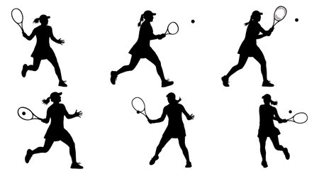 Black Solid Women Running Forehand Silhouettes Set of Six on White Background isolated on plain white background.のイラスト素材