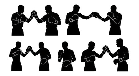 Black Solid Touch Gloves Respect Silhouettes Set of Six isolated on plain white background.のイラスト素材