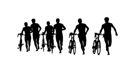 Black Solid Triathlon Transition Cyclist Silhouettes Set of Six on White Background isolated on plain white background.のイラスト素材