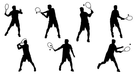 Black Solid Men Forehand Volley Silhouettes Set of Six on White Background isolated on plain white background.のイラスト素材