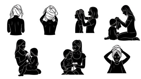 Black Solid Mother Drying Hair Silhouettes Set of Six isolated on plain white background.のイラスト素材