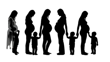 Black Solid Pregnant Mother with Toddler Silhouettes Set of Six isolated on plain white background.のイラスト素材