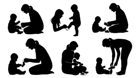 Black Solid Mother Putting Socks on Baby Silhouettes Set of Six isolated on plain white background.のイラスト素材