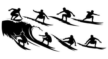 Black Solid Surfer Low Stance Silhouettes Set of Six on White Background isolated on plain white background.のイラスト素材