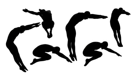 Black Solid Swimmer Shallow Jump Silhouettes Set of Six on White Background isolated on plain white background.のイラスト素材