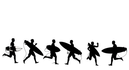 Black Solid Surfer Running into Water Silhouettes Set of Six on White Background isolated on plain white background.のイラスト素材