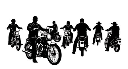 Black Solid Vintage Cruiser Cyclist Silhouettes Set of Six on White Background isolated on plain white background.のイラスト素材